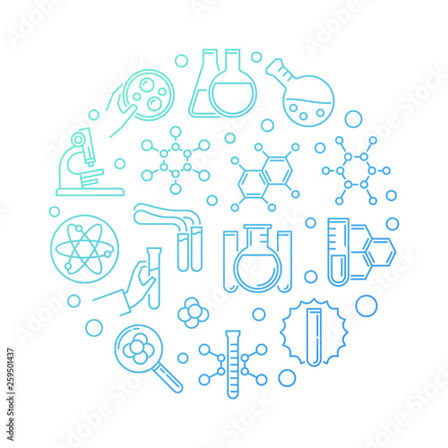 Vector Chemistry blue modern concept linear round illustration on white background 
