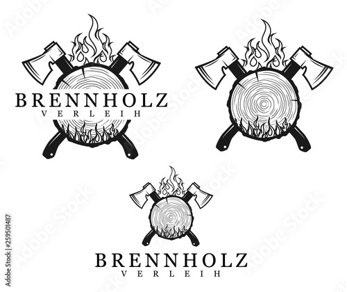 Holzscheibe mit Feuer und Axt, Brennholz Verleih