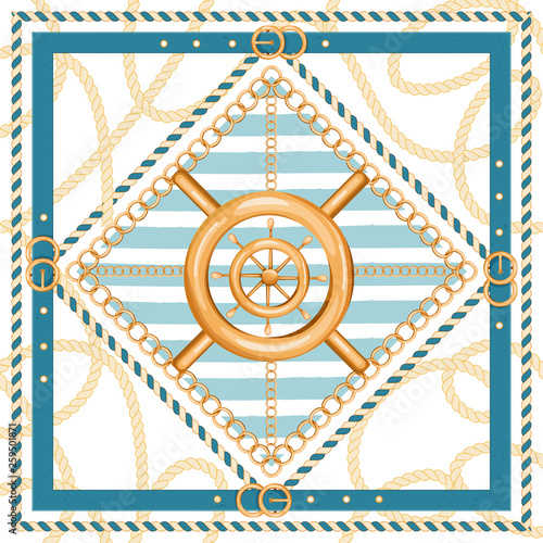 Abstract geometric pattern with golden chains, rope, belts, ship wheel and marine stripes. Fashion print for textile, scarf, silk shawls and cravat design. Vector illustration on white background.