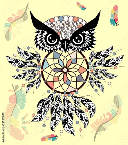 decorative dream catcher in graphic style with owl skull