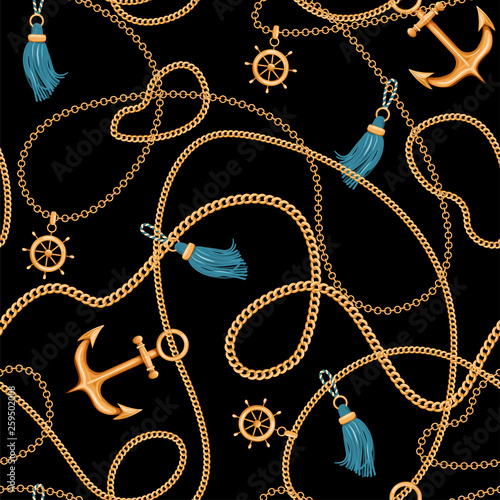 Abstract seamless pattern with golden chains, tassels, ship wheel and anchor. Fashion print for textile, scarf, lingerie, silk shawls and wrapping paper. Vector illustration on black background.
