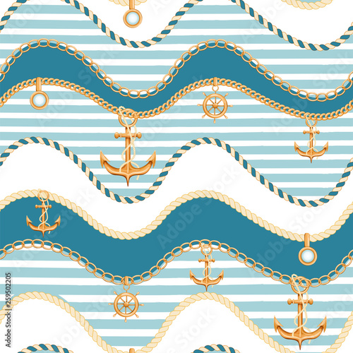 Wavy seamless background with golden chains, ship wheel, rope, anchor and marine stripes. Marine motif. Fashion print for textile, scarf, lingerie, silk shawls and wrapping paper. Vector illustration.