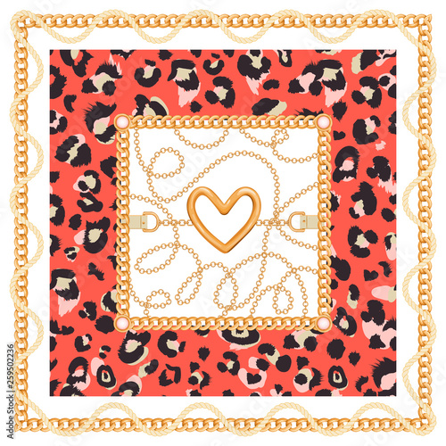 Geometric pattern with golden chains, heart, belts, rope and animal skin. Trendy print for textile, scarf, silk shawls and cravat design. Vector illustration.