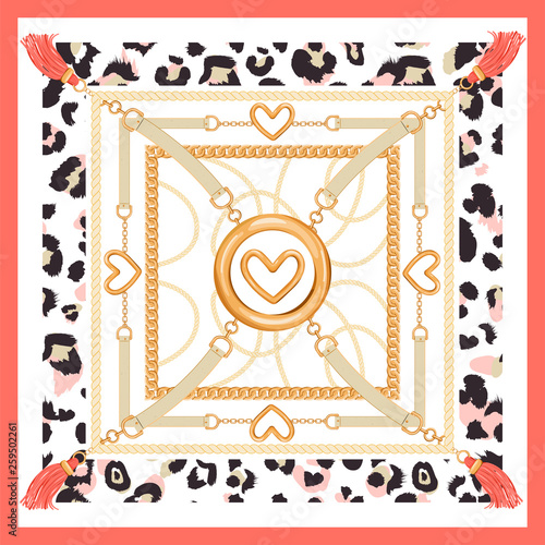 Geometric pattern with golden chains, heart, belts, tassels, rope and animal skin. Trendy print for textile, scarf, silk shawls and cravat design. Vector illustration.