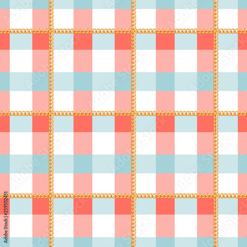 Checkered seamless pattern with golden chain. Fashion print for textile, scarf, plaid, wrapping paper and tablecloth design. Vector illustration.