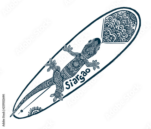 Doodle tribal tattoo style vector surfing longboard with ornate gecko on it and sign Siargao