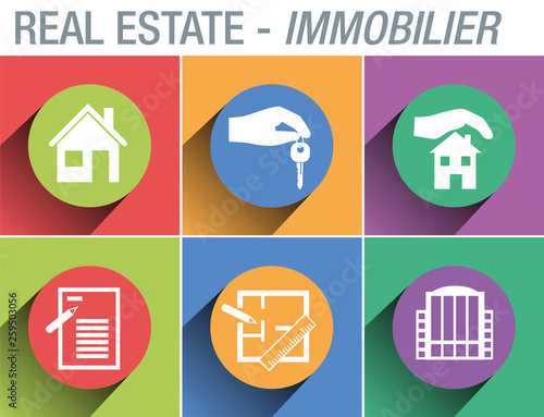 Pictogrammes sur thème du logement et de l’immobilier, pour illustrer des documents de présentation, des brochures, ou des sites web.