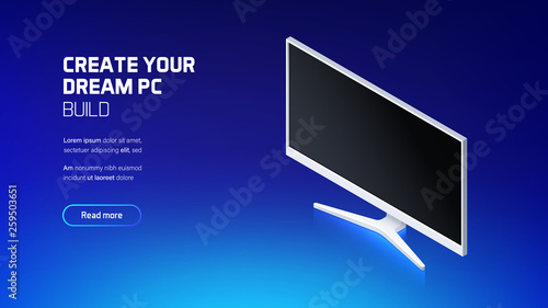 Gaming and workstation monitor isometric illustration, custom computer components for workstation, computer store and service
