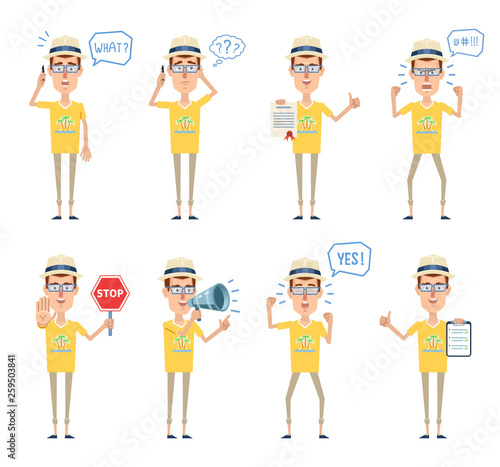 Set of tourist characters posing in different situations. Cheerful tourist talking to phone, thinking, surprised, angry, celebrating, holding stop sign, loudspeaker. Flat style vector illustration