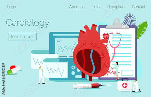 Modern heart medication solution tiny people character, cardiology concept vector for website and mobile website development, apps is presented.