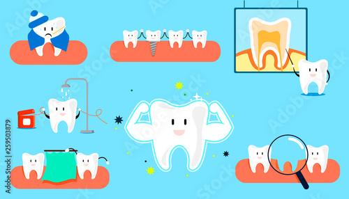 Fototapeta Naklejka Na Ścianę i Meble -  Teeth set concept . Cute tooth characters. Dental. For children. Oral hygiene, teeth cleaning. Vector