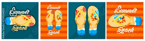 Flip flops with summer beach illustration. Summer beach in lettering style. Vector 