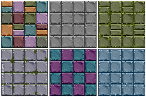 Set Seamless texture of colored stone, vector background stone wall tiles. Illustration for user interface of the game element