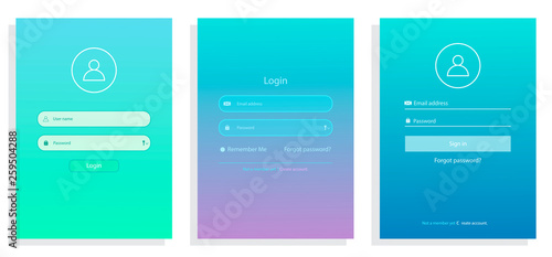 Set phone screen. Login form page with gradient background. Website ui vector elements.