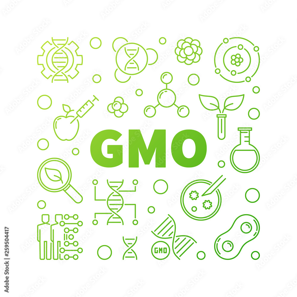 GMO vector square concept green illustration in thin line style on white background GMO vector square concept green illustration in thin line style on white background