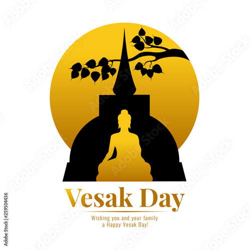 Happy vesak day banner with gold Buddha temple , bodhi leaf branch and circle full moon vector design