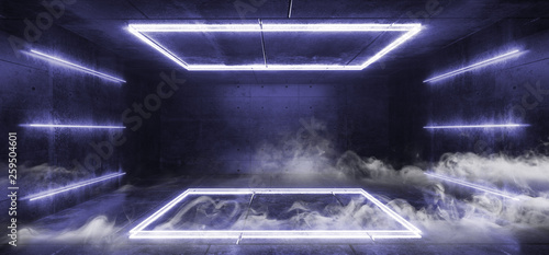 Smoke Vibrant Retro Neon Glowing Purple Blue Fluorescent Futuristic Sci Fi Rectangle Shaped Abstract Stage Lights Dance Room Empty Reflective Cement Concrete 3D Rendering