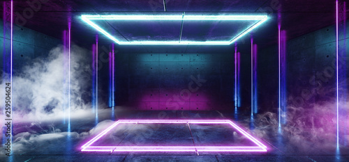 Smoke Vibrant Retro Neon Glowing Purple Blue Fluorescent Futuristic Sci Fi Rectangle Shaped Abstract Stage Lights Dance Room Empty Reflective Cement Concrete 3D Rendering