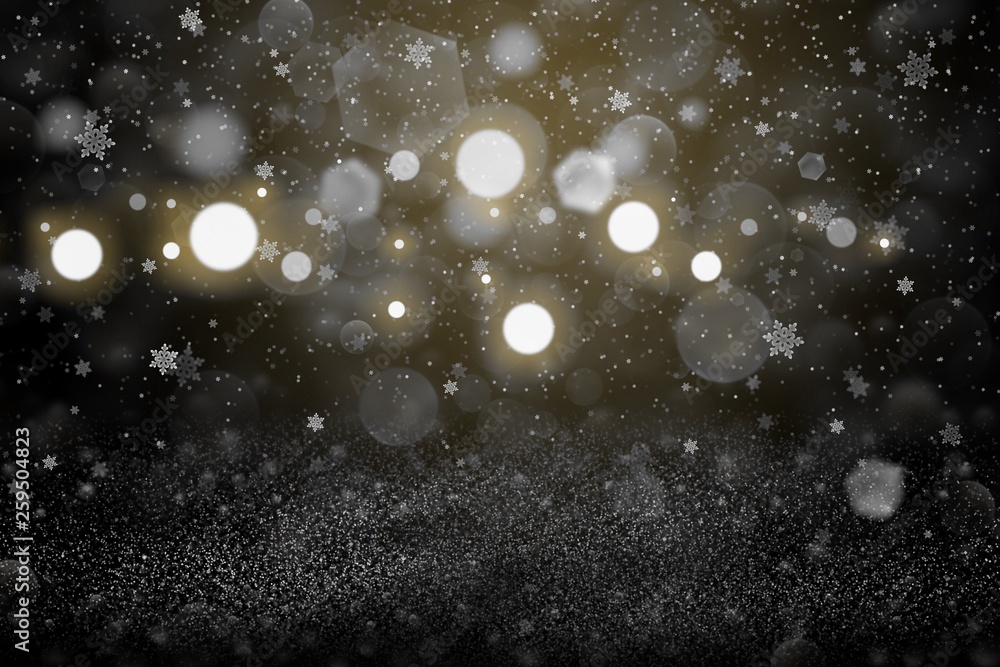 orange beautiful glossy glitter lights defocused bokeh abstract background with falling snow flakes fly, holiday mockup texture with blank space for your content