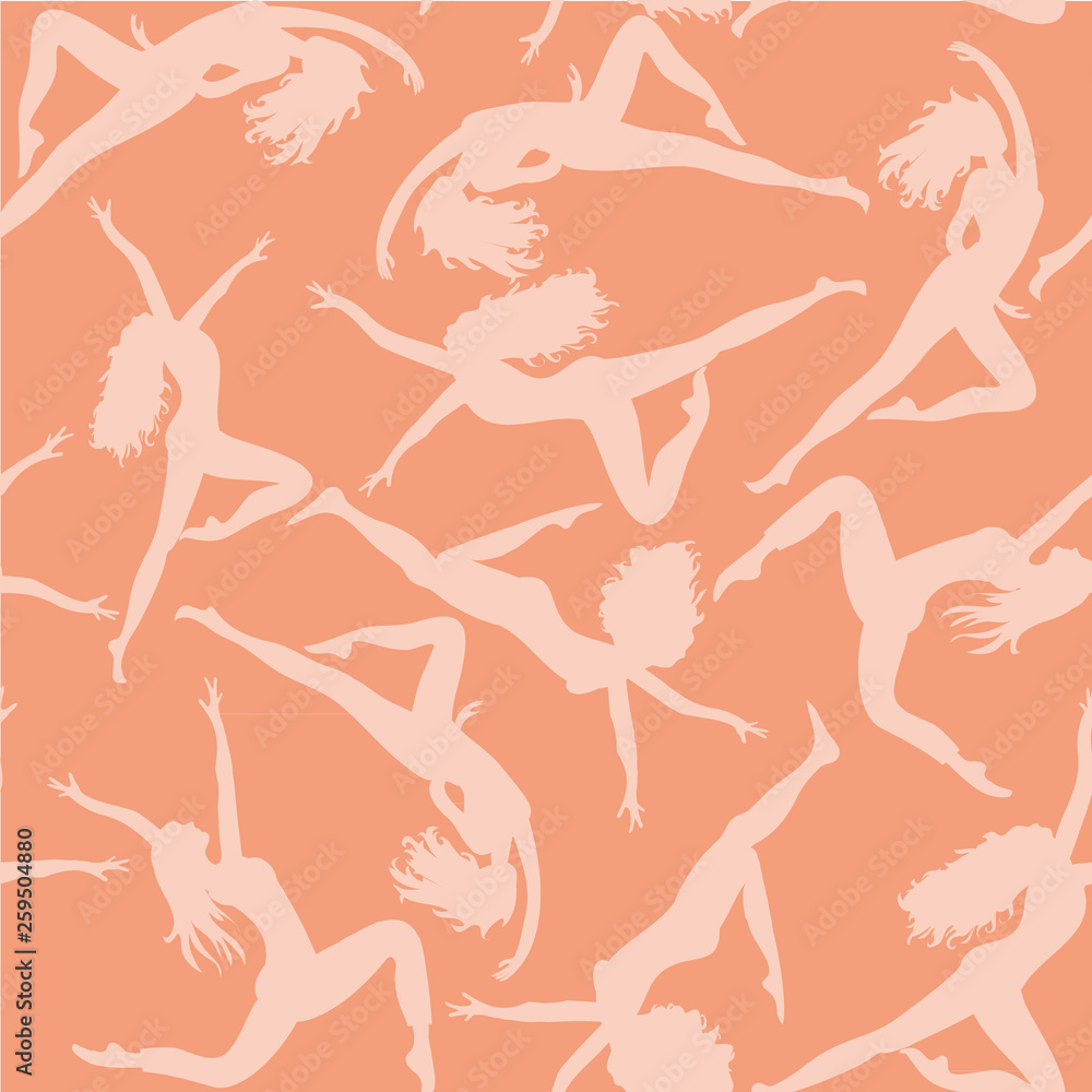 Dancing women. Seamless pattern. Vector illustration of silhouettes of dancers on pink background