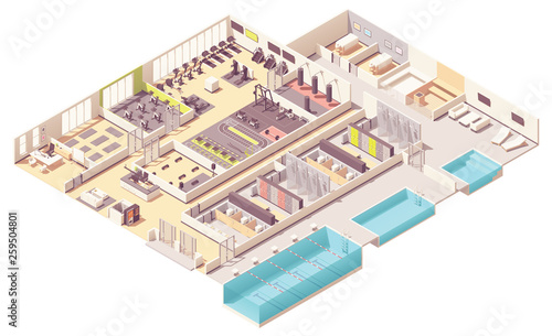 Vector isometric fitness club with swimming pool