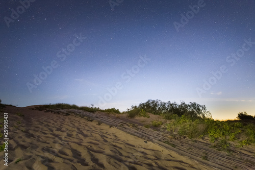 Wooden path on the sandy dune at night