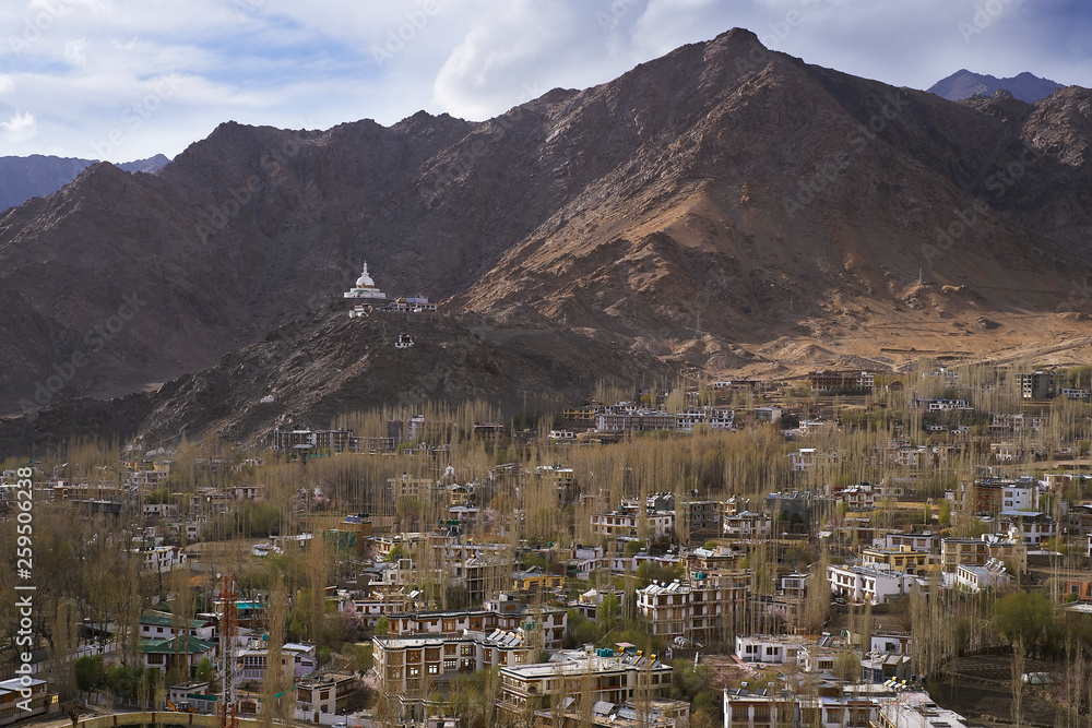 view of Santi stupa from leh palace in leh Ladakh