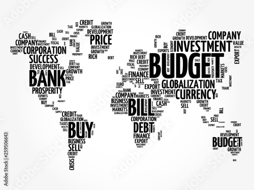 Business and Invest word cloud in shape of world map  finance concept background