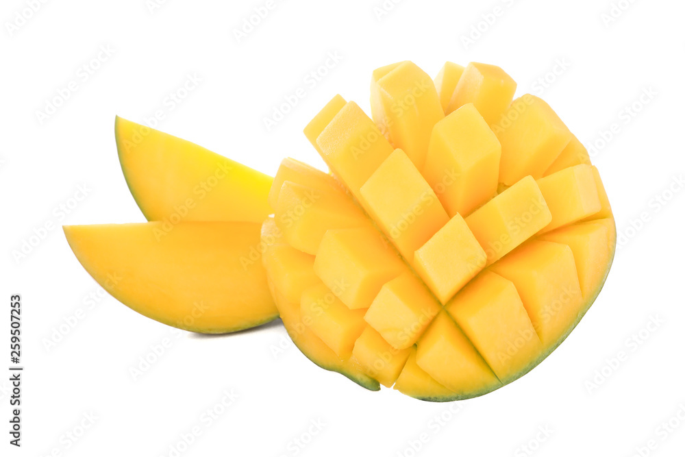 Cut ripe mango with two pieces isolated on white background, closeup
