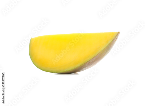 Fresh mango slice isolated on white background, closeup