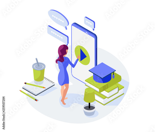 Illustration on a white background. Woman push video button. Online video education. Studying for distance. Isometric flat people