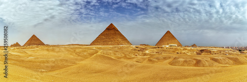 Panorama of the Giza Pyramids in the desert, Egypt