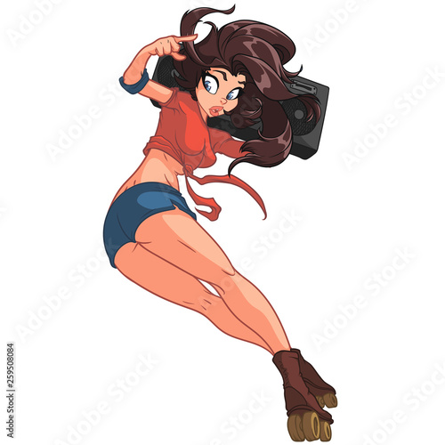 Cute brunette girl on roller blades is holding a boombox