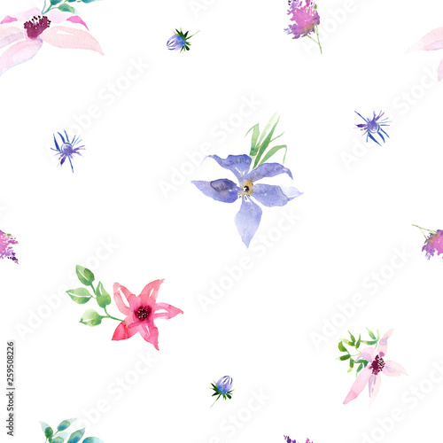 Wedding spring romantic bridal bouquet seamless pattern. pink purple and white flowers green leaves ornament