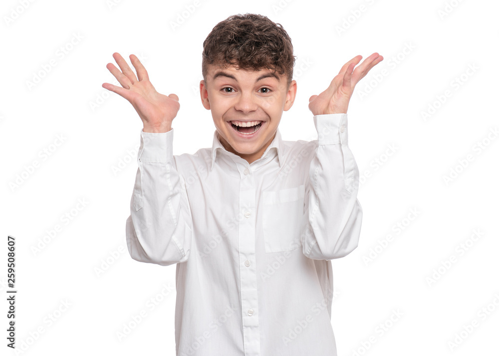 Happy teen boy screaming, isolated on white background. Funny child looking at camera and shocked. Emotional portrait of caucasian amazed teenager. Handsome surprised boy. Happy teen boy screaming, isolated on white background. Funny child looking at camera and shocked. Emotional portrait of caucasian amazed teenager. Handsome surprised boy.