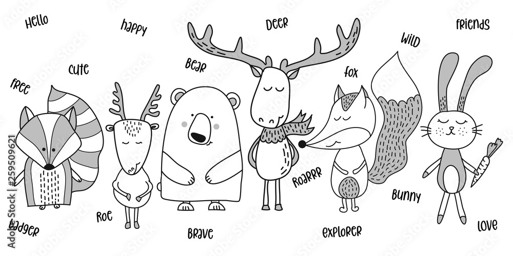 Obraz premium Cute bear, badger, fox, roe, deer, bunny - Vector hand drawn doodle character illustrations for posters, cards, t-shirts. 