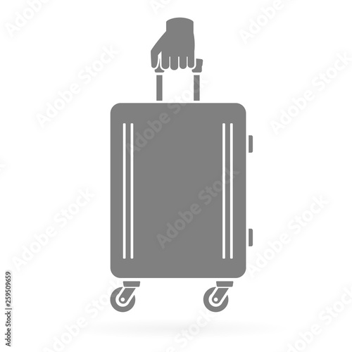 Hand holding traveler suitcase with wheels icon