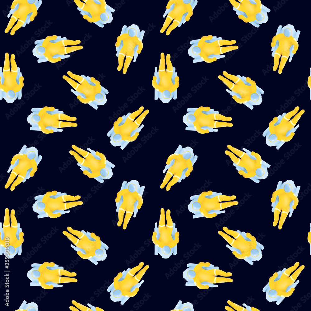 Hand drawn digital illustration seamless pattern background with astronauts on dark blue background Hand drawn digital illustration seamless pattern background with astronauts on dark blue background