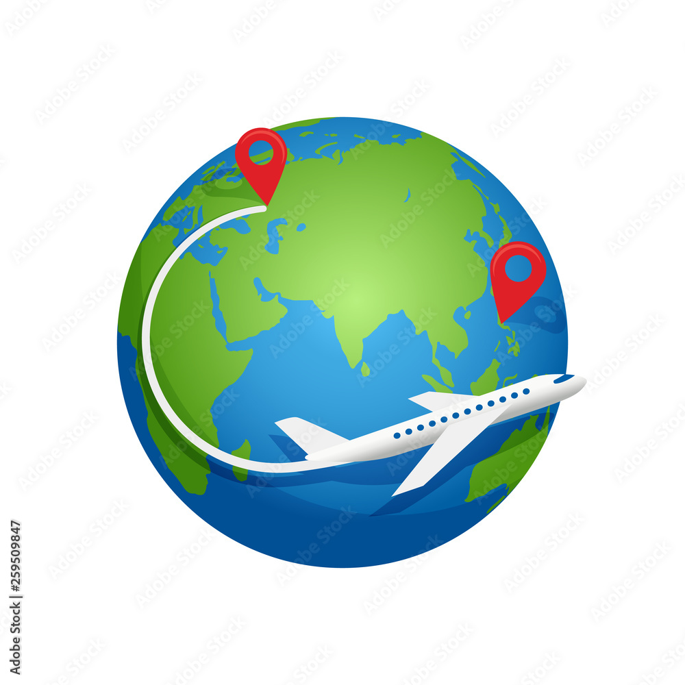 Fototapeta premium Airplane fly around the planet Earth. Vector logo icon