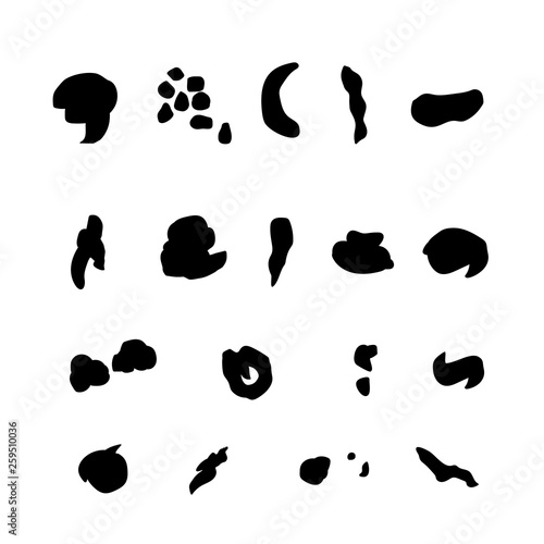 Set silhouettes of simple black feces icon. Poop symbol. Sign excrement for toilet bowl, modern. Isolated images of view top. Vector illustration for advertising or web design, element decor. Eps 10 photo