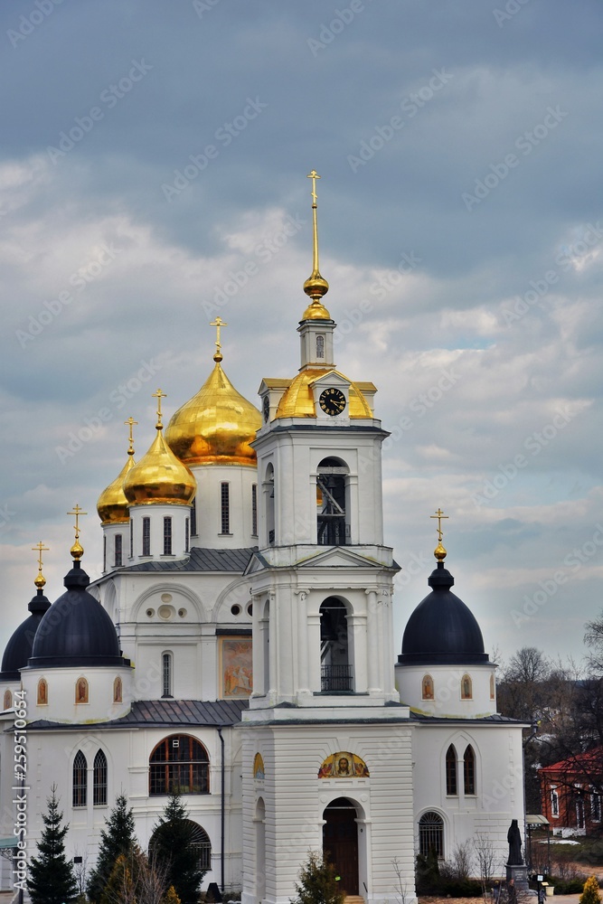 Dormition church. Kremlin in Dmitrov, old historical town in Moscow region, Russia. Color winter photo. Popular landmark.