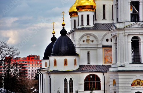 Dormition church. Kremlin in Dmitrov, old historical town in Moscow region, Russia. Color winter photo. Popular landmark.