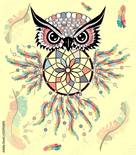 Hand drawn ornate spiritual symbols, totemic and mascot Owl with the dream catcher and mandala. Boho style