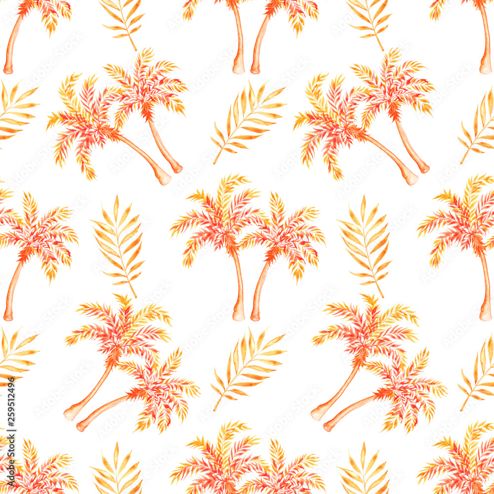 Tropical seamless pattern. Palm trees and leaves on white background. Watercolor illustration. Tropical seamless pattern. Palm trees and leaves on white background. Watercolor illustration.