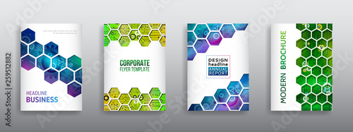 Abstract technology cover with hexagon elements. High tech brochure design concept. Futuristic business layout. Digital poster templates.