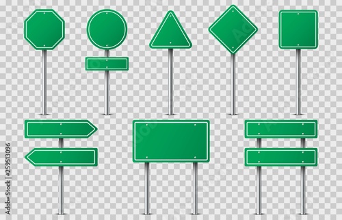 Set of green road signs on transparent background. Blank traffic road empty sign. Mock up template for your design.