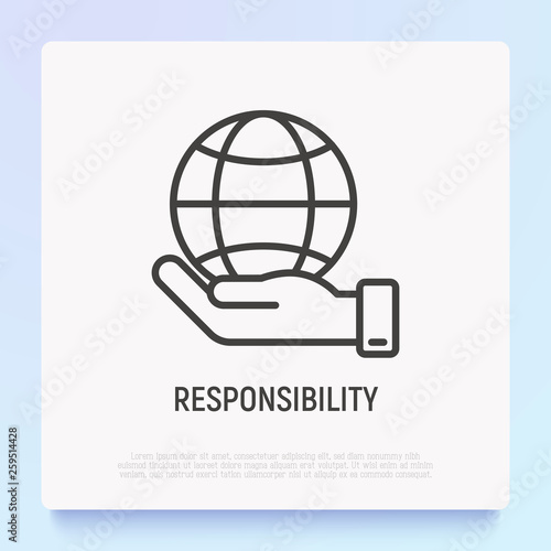 Social responsibility thin line icon: globe in hand. Modern vector illustration.