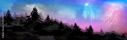 Forest of trees and high mountains, black silhouette and bright lightning on the blue sky. Bad weather, bright lightning in the coniferous forest and mountains. Evergreen forest Park, with black silho