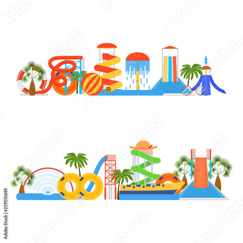 Cartoon Aquapark Playground Elements Line Set. Vector