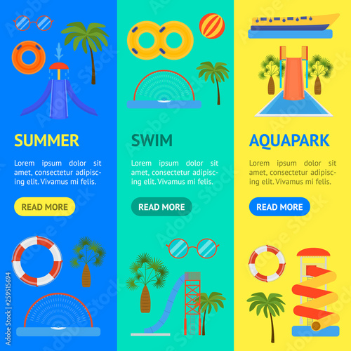 Cartoon Aquapark Playground Banner Vecrtical Set. Vector